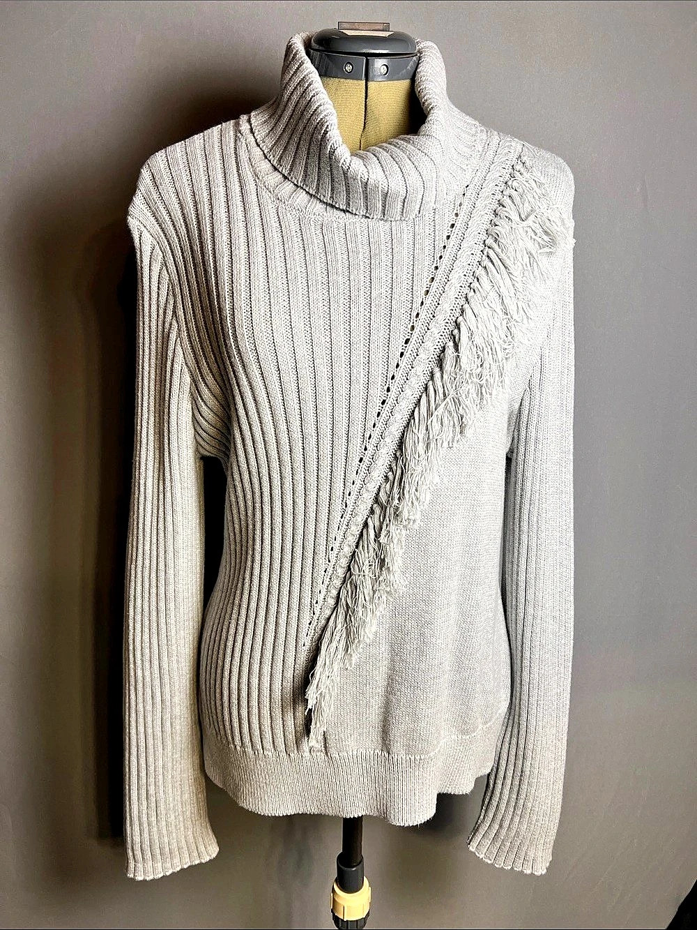 DKNY Cowl Neck Fringe Sweater Fringe Cowl Neck Sweater in Gray L NWT
